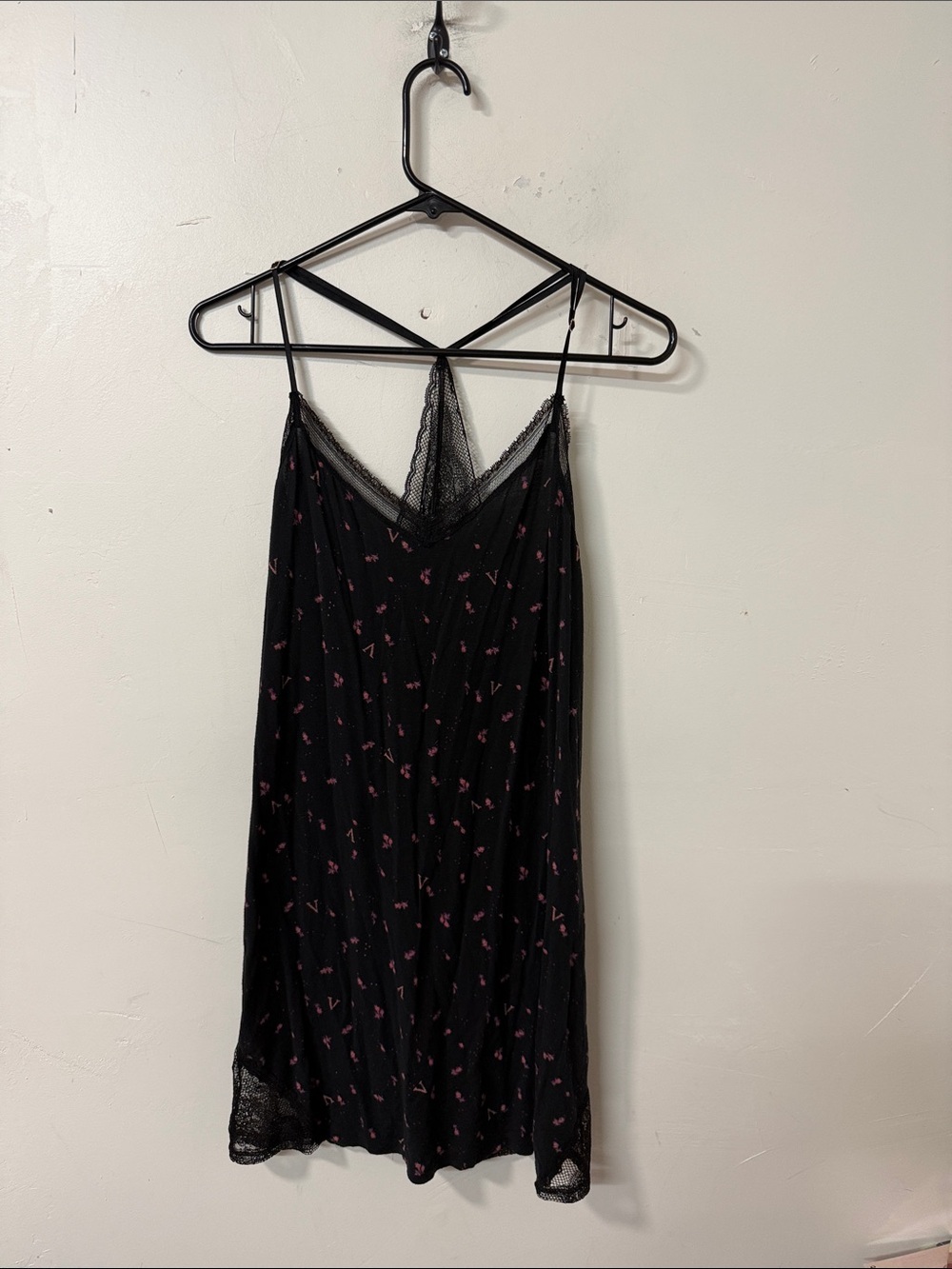 Victoria's Secret Black Slip Nightdress with Pink Floral Accents